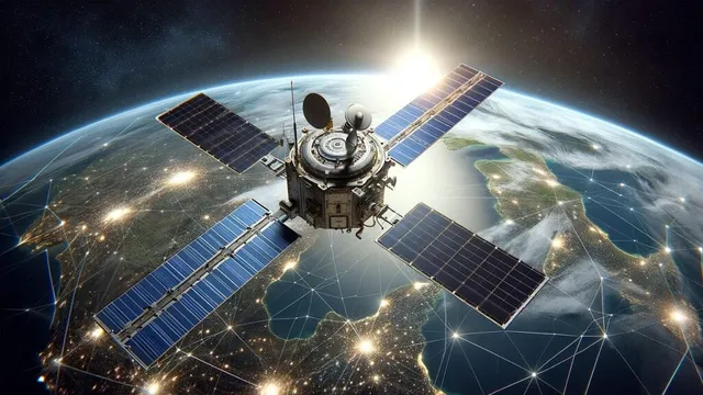 Un satelit cu patru panouri solare planează deasupra Pământului, cu rețea luminoasă suprapusă și Soarele strălucind în spate.