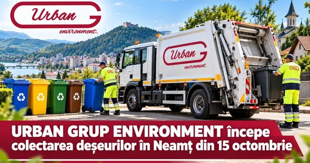 Un camion de colectare a deșeurilor este parcat lângă mai multe containere colorate, în timp ce doi bărbați în haine de lucru galben-verzui stau lângă vehicul.