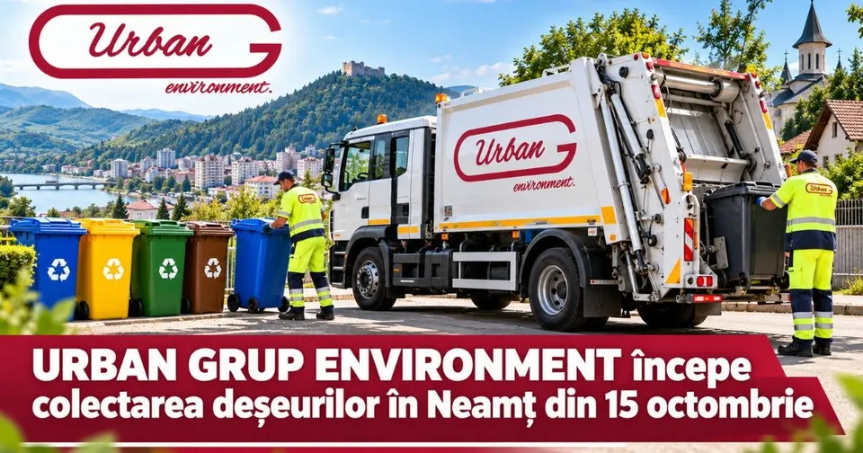 Un camion de colectare a deșeurilor este parcat lângă mai multe containere colorate, în timp ce doi bărbați în haine de lucru galben-verzui stau lângă vehicul.