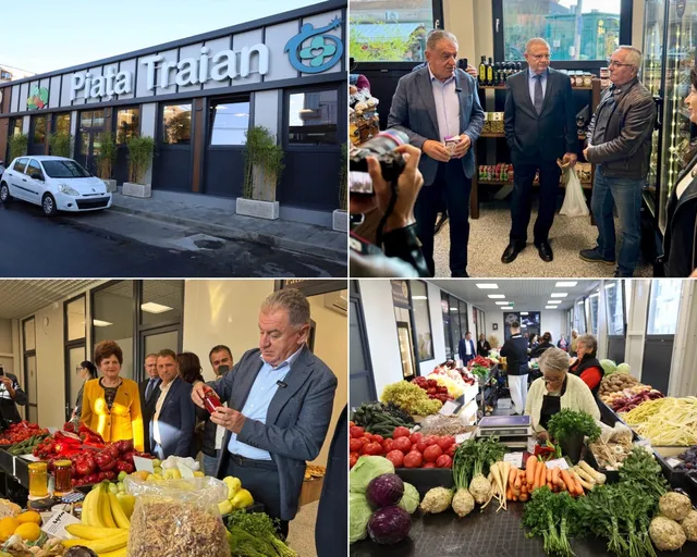 Un grup de bărbați stă în interiorul unei clădiri lângă mese cu diverse fructe și legume proaspete.