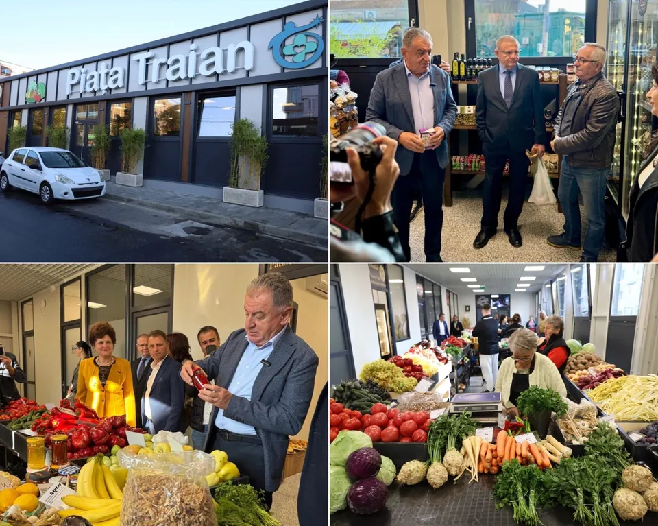 Un grup de bărbați stă în interiorul unei clădiri lângă mese cu diverse fructe și legume proaspete.