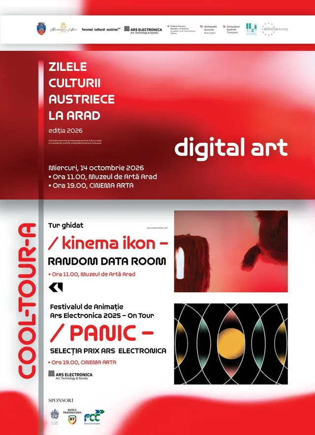 Un afiș informativ cu text alb pe fundal roșu și elemente grafice geometrice colorate în partea de jos.