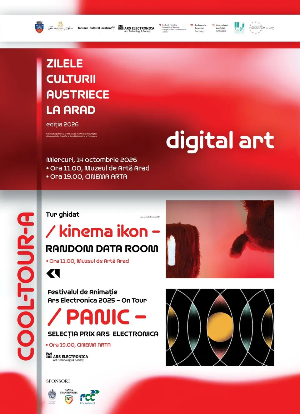 Un afiș informativ cu text alb pe fundal roșu și elemente grafice geometrice colorate în partea de jos.