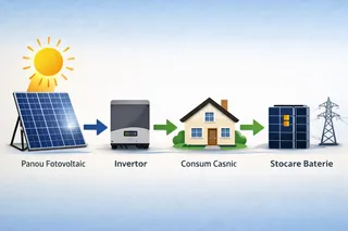 O diagramă ilustrează un panou solar, un invertor, o casă și o baterie de stocare, conectați prin săgeți pe un fundal albastru.