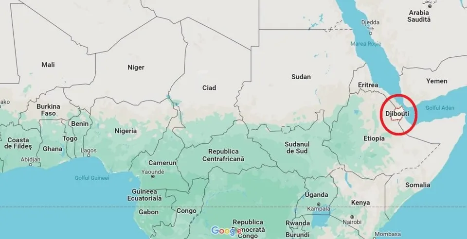 O hartă a Africii cu un cerc roșu evidențiind țara Djibouti lângă Marea Roșie și Golful Aden.