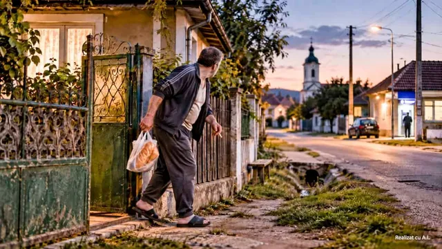 Un bărbat cu o pungă de pâine în mână pășește pe un trotuar lângă o poartă metalică verde și un gard de lemn.
