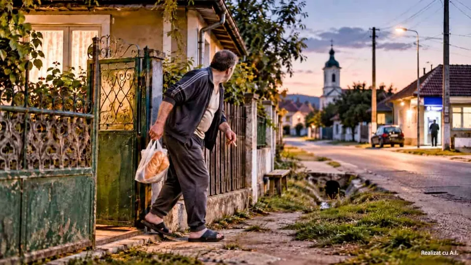 Un bărbat cu o pungă de pâine în mână pășește pe un trotuar lângă o poartă metalică verde și un gard de lemn.