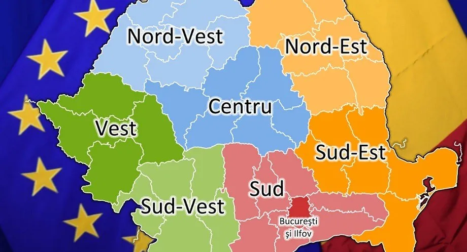 O hartă colorată a unor regiuni administrative este suprapusă peste un steag albastru cu stele galbene și un steag galben.
