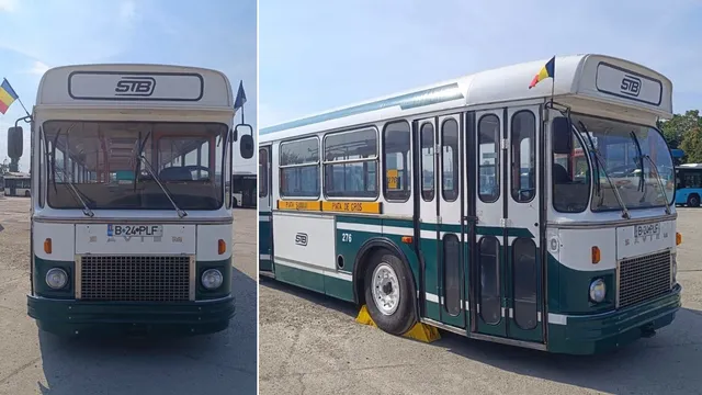 Un autobuz alb și verde cu logo-ul STB este parcat pe un teren asfaltat sub un cer senin.