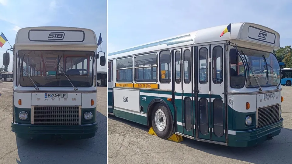 Un autobuz alb și verde cu logo-ul STB este parcat pe un teren asfaltat sub un cer senin.