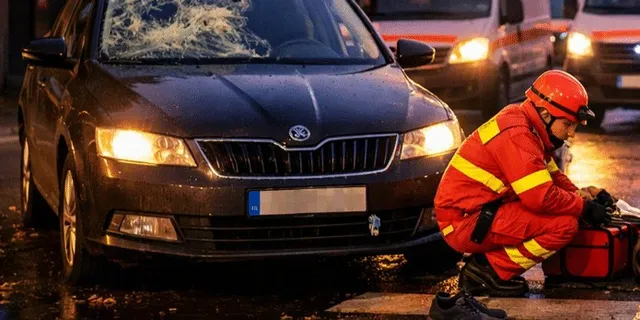 Un salvator cu costum portocaliu și cască se ghemuiește lângă o trusă medicală roșie în fața unei mașini gri cu parbrizul spart.