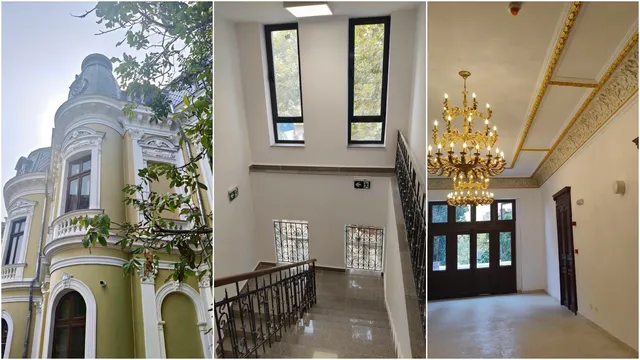 Montaj format din exteriorul unei clădiri galben, un hol cu ferestre înalte și un interior cu un candelabru suspendat.