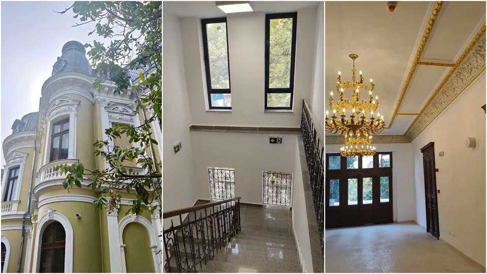 Montaj format din exteriorul unei clădiri galben, un hol cu ferestre înalte și un interior cu un candelabru suspendat.