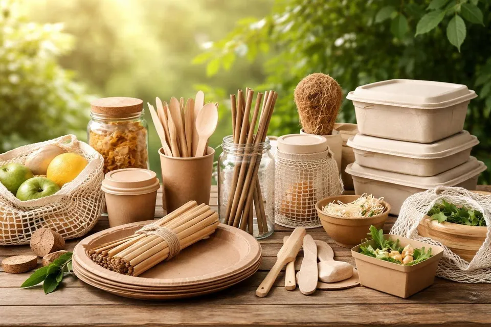 Diverse ustensile din lemn, recipiente din sticlă, boluri din ceramică și ambalaje din carton sunt așezate pe o masă de lemn în exterior.