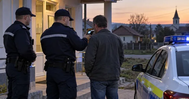 Unii polițiști în uniformă întunecată stau lângă un bărbat cu o jachetă gri lângă o mașină de poliție albă sub un cer de seară.