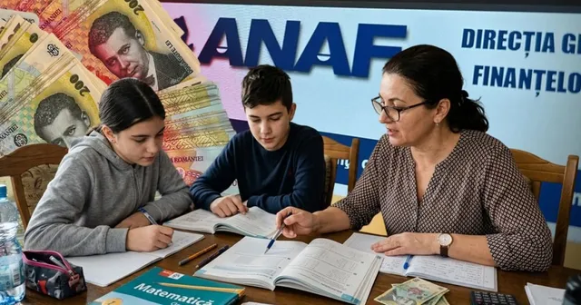 O femeie cu ochelari și o femeie cu o cămașă închisă la culoare stau la o masă cu doi copii și cărți deschise în fața unui panou ANAF.