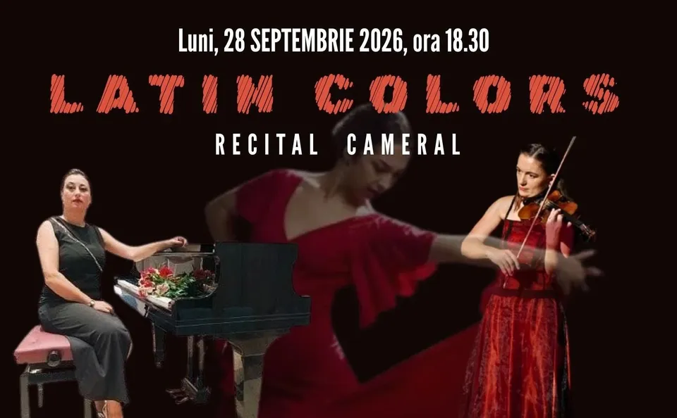 O femeie cântă la pian, o altă femeie poartă o rochie roșie și o a treia femeie cântă la vioară pe un fundal negru.