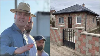 O imagine compusă prezintă un bărbat cu pălărie și cămașă albastră în stânga și o casă cu pereți din pavăle și gard de piatră în dreapta.