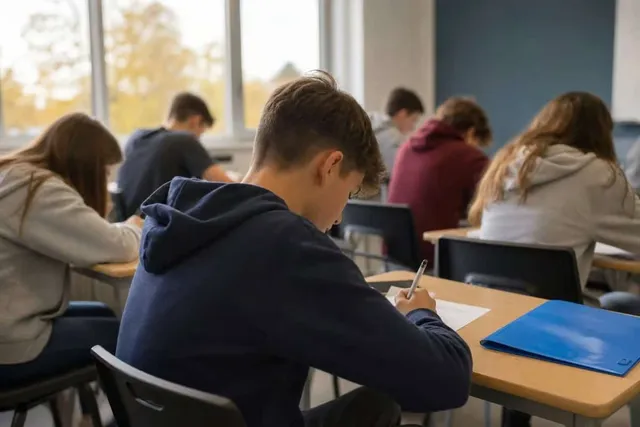 Elevi într-o sală de clasă, așezați la birouri, scriind pe hârtie cu pixul, cu dosare albastre pe birouri și ferestre în fundal.