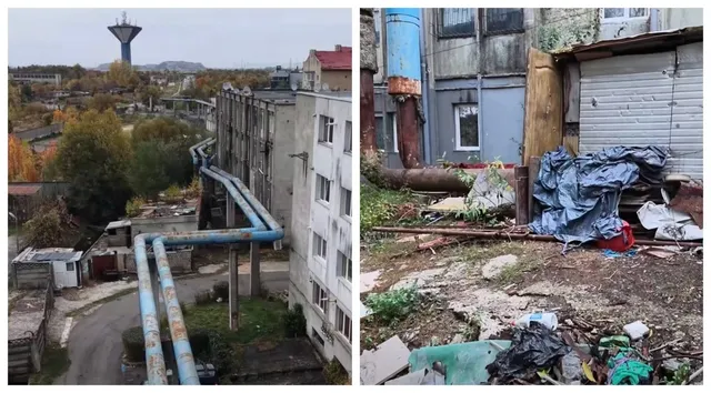 Două imagini prezintă conducte industriale de culoare albastră, o clădire gri cu ferestre mici și un teren cu resturi de deșeuri și materiale acoperite.