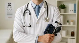 Un medic într-o halat albă poartă un stetoscop și ține un tensiometru în brațe.
