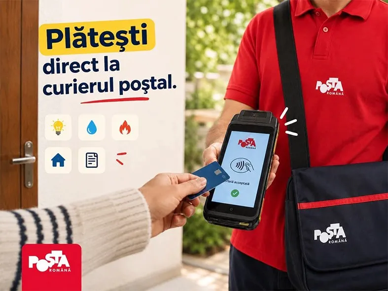 O persoană ține un card bancar în fața unui dispozitiv de plată portabil deținut de un angajat îmbrăcat în tricou roșu.