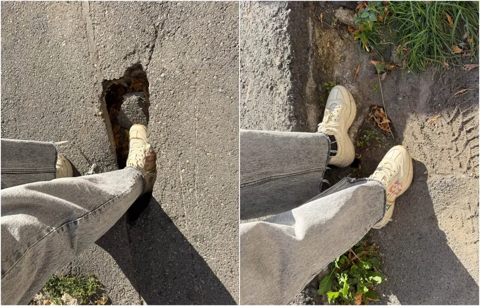 Două imagini de tip colaj prezintă picioare îmbrăcate în pantaloni gri și încălțăminte de culoare deschisă pășind pe o suprafață asfaltată și pe pământ.