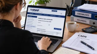 O persoană lucrează la un laptop pe care este afișat un site web cu textul ANAF, lângă o cană de cafea și documente pe o masă.