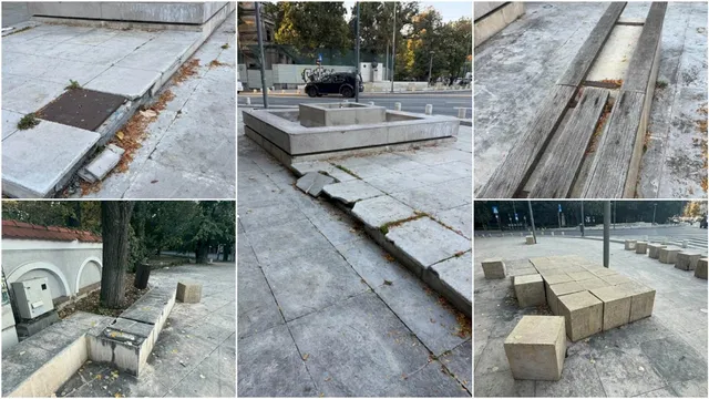 Montaj de cinci fotografii care prezintă pavaj de beton crăpat, borduri deteriorate, spații verzi și elemente de mobilier urban din piatră.