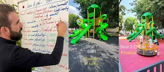 Un bărbat scrie pe un panou alb, lângă care sunt afișate imagini cu un loc de joacă verde și un teren de joacă colorat.