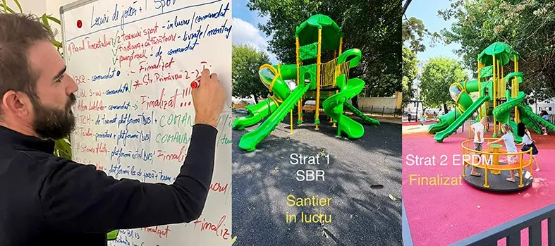 Un bărbat scrie pe un panou alb, lângă care sunt afișate imagini cu un loc de joacă verde și un teren de joacă colorat.