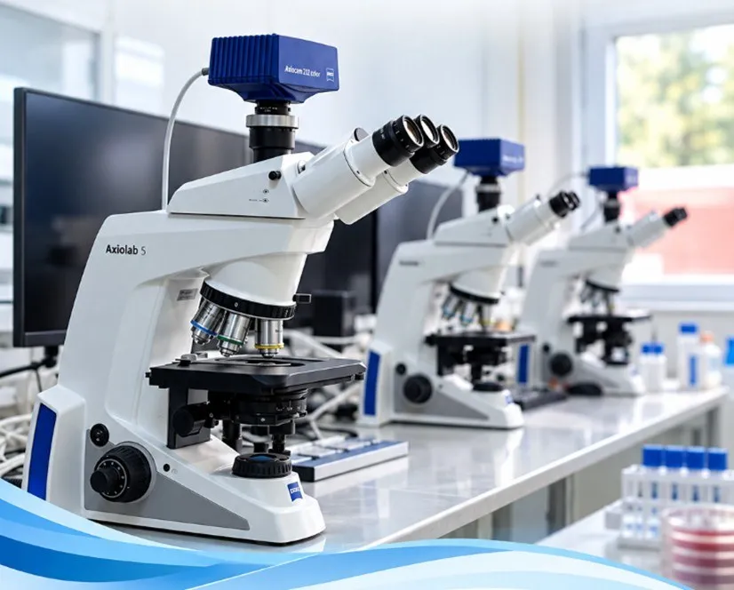 Trei microscoape albe sunt așezate pe o masă de laborator lângă monitoare și recipiente cu lichide colorate.
