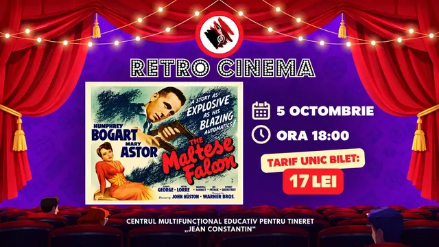 Un afiș de film într-un cadru cu draperii roșii, lumini suspendate și detalii textuale despre un eveniment cinematografic la ora optsprezece.