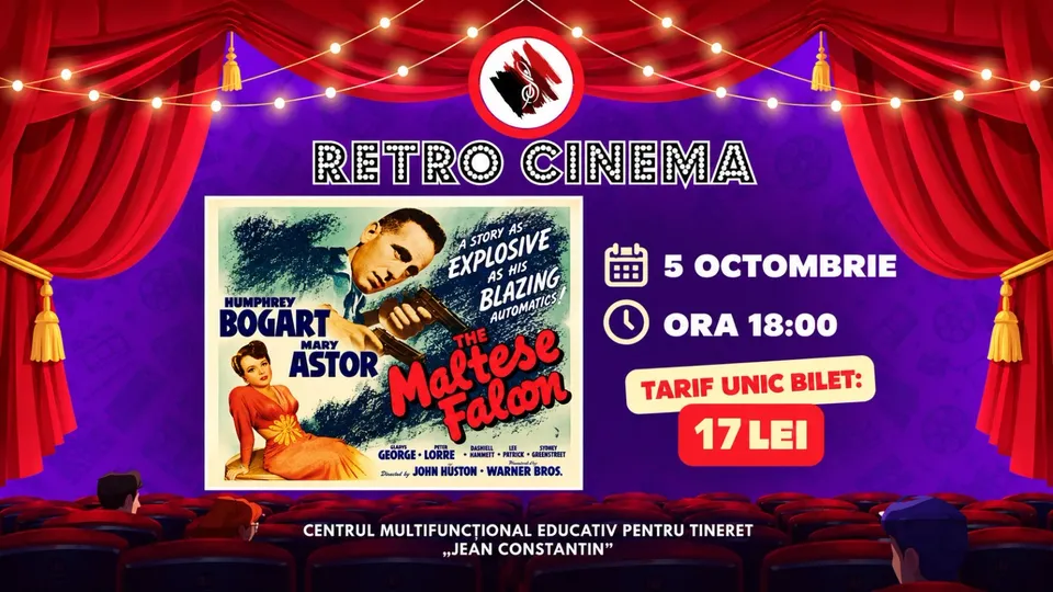 Un afiș de film într-un cadru cu draperii roșii, lumini suspendate și detalii textuale despre un eveniment cinematografic la ora optsprezece.