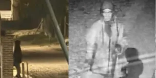 Două cadre de supraveghere de noapte arată o persoană în picioare pe un drum și o altă persoană purtând un obiect în mână.