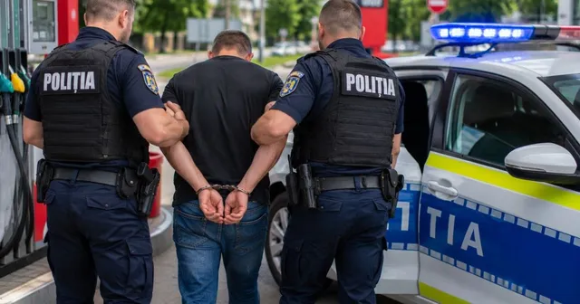 Doi polițiști în uniformă negru cu inscripția POLIȚIA escortează un bărbat cu mâinile în cătușe lângă o mașină de poliție albă și albastră.