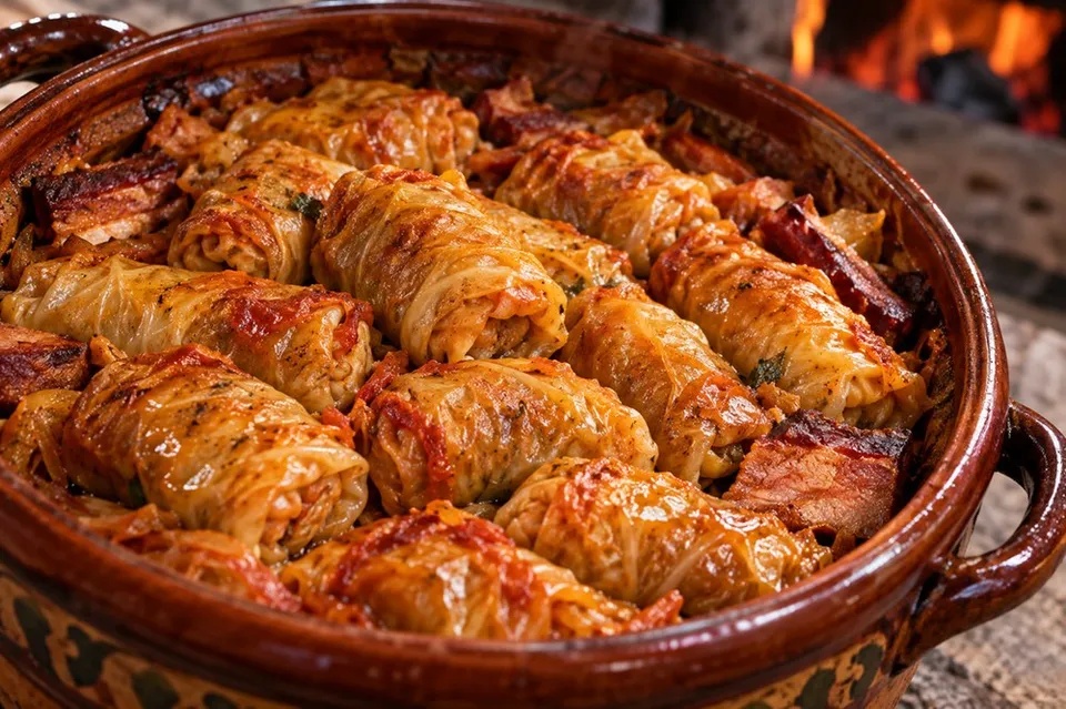 Sarmalele sunt așezate într-un vas de ceramică maro, fiind gătite într-o oală cu resturi de carne și sos de roșii.