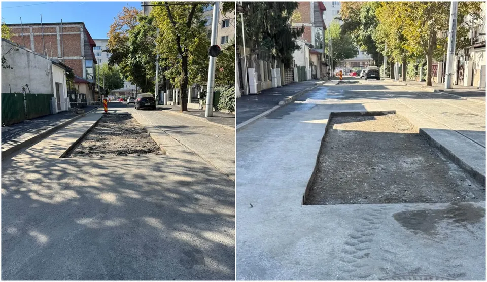Două fotografii prezintă o porțiune de carosabil decopertată, lăsând la vedere straturi de pietriș și pământ pe o stradă cu trotuare și copaci.