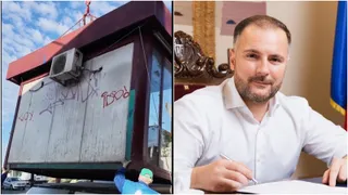 Un colaj format dintr-o structură de tip chioșc suspendată de un utilaj și un bărbat cu cămașă albă care ține un pix.