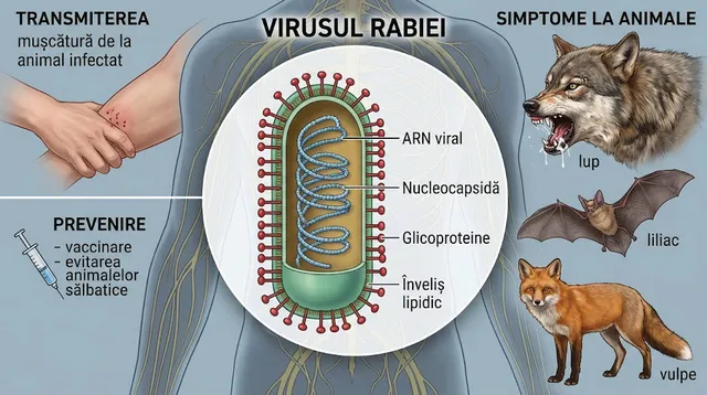 Diagrama ilustrează structura virusului rabiei, o mușcătură de pe un braț și reprezentări ale unui lup, unui lilieci și unei vulpi.
