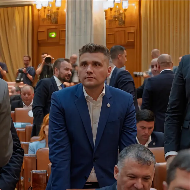 Un bărbat într-un costum albastru și cămașă deschisă stă în picioare într-o sală cu scaune de lemn și draperii galbene.