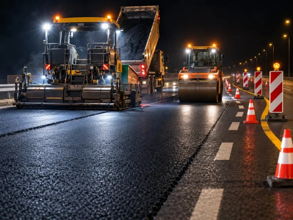Mașini de asfaltare și un cilindru compactor lucrează pe un drum asfaltat noaptea, lângă conuri de trafic portocalii și alb-roșii.