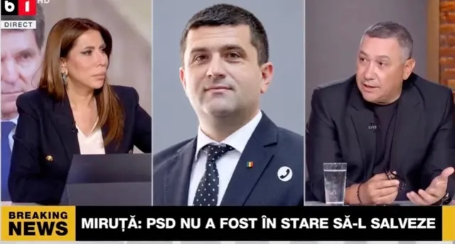 Trei persoane sunt prezentate în cadre individuale într-o emisiune de televiziune, o femeie în sacou negru și doi bărbați în costume și cămașă.