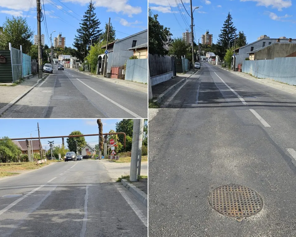 Două imagini prezintă străzi asfaltate cu un capac de canalizare metalic în prim-plan, clădiri, utilități și vehicule parcate pe marginea drumului.
