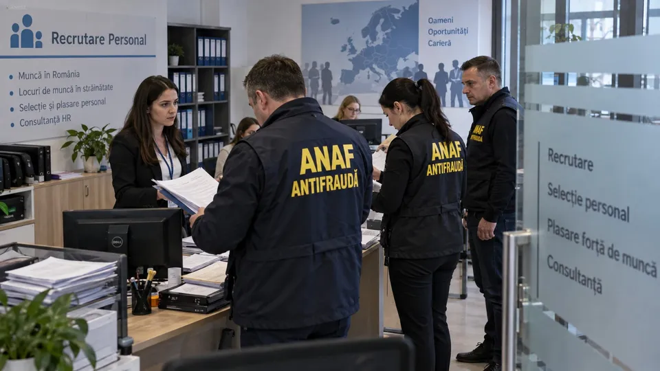 Un grup de persoane cu veste negre pe care scrie ANAF ANTIFRAUDA stă într-un birou lângă un birou cu monitor și documente.