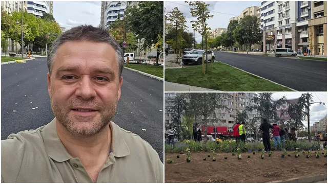 Un bărbat cu părul scurt și cămașă polo deschise, alături de imagini cu o stradă asfaltată și un grup de oameni lucrând într-o grădină.
