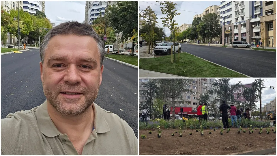 Un bărbat cu părul scurt și cămașă polo deschise, alături de imagini cu o stradă asfaltată și un grup de oameni lucrând într-o grădină.