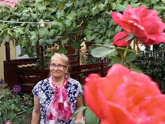 O femeie cu ochelari și o eșarfă roz stă lângă o bancă de lemn sub un stup de plante verzi, având flori roz în prim-plan.