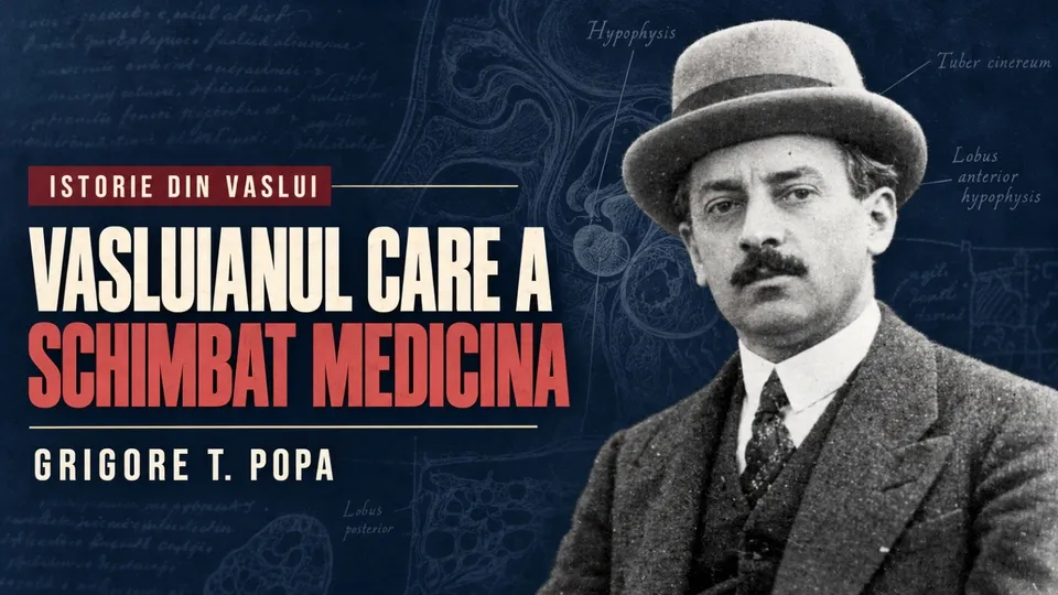 Un bărbat cu mustață, purtând pălărie și sacou, este suprapus pe un fundal în care apar schițe anatomice și text scris de mână.