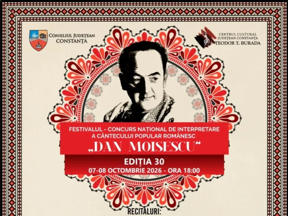 Un afiș cu portretul unui bărbat încadrat într-un model decorativ roșu și alb, conținând text despre un festival de cântec popular.